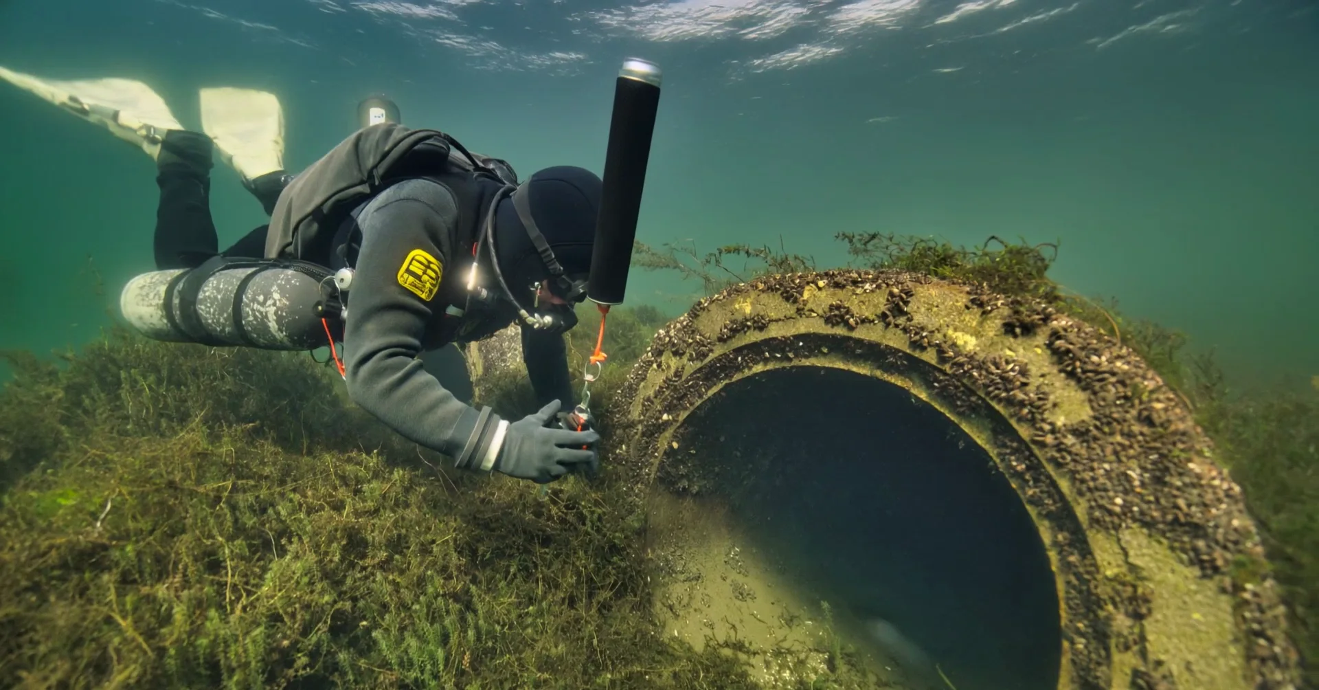 A diver at a concrete pipe on the bottom, the buoy on its line above him