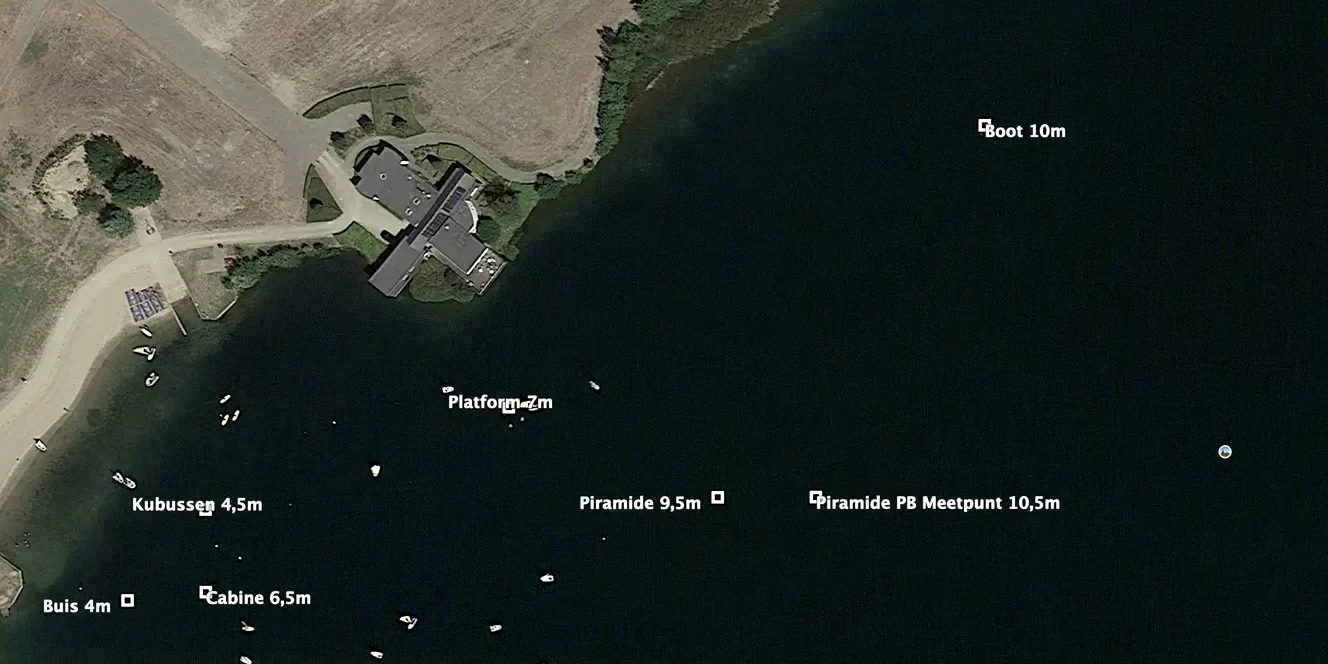 A satellite view of a dive site with each logged position labelled by name and depth